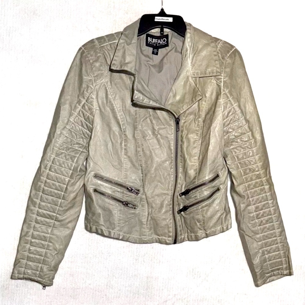 Buffalo David Bitton Devyn Motorcycle Leather Jacket Women’s Size L Lined Beige